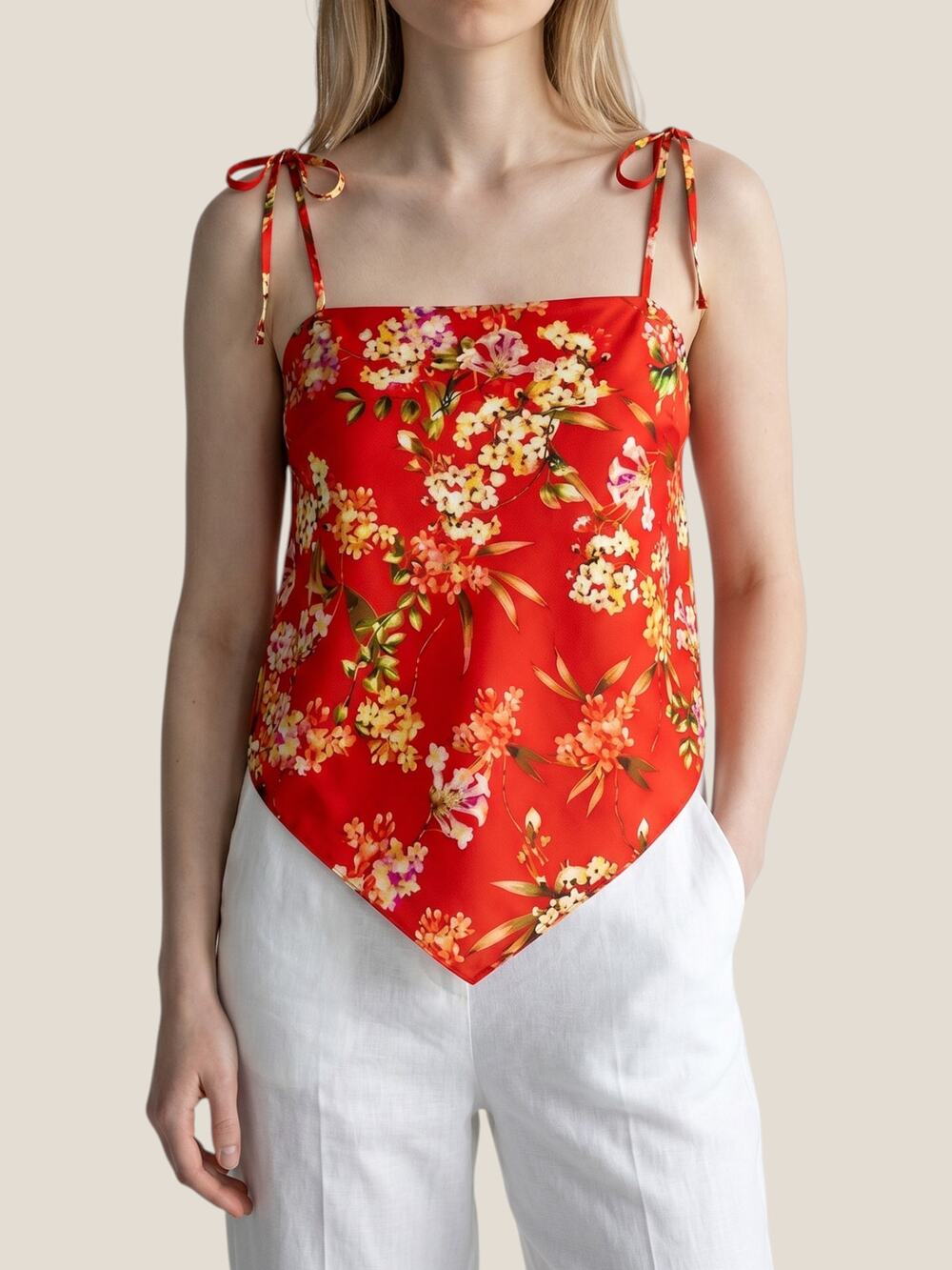 Zara Red Floral Satin Feel Bandana Scarf Top Women’s Small Handkerchief Hem